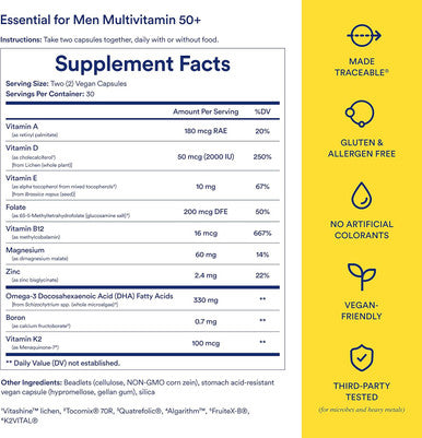 Ritual Multivitamin For Men 50 And Over With Zinc, Vitamin A And D3 For Immune Function Support, Omega-3 Dha, B12, K2, Gluten Free, Non-Gmo, Mint Essenced, 30 Day Supply, 60 Vegan Capsules