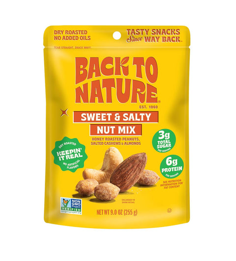 Back to Nature Premium Nut Mix - Cashew, Almond & Pistachio Blend, Dry Roasted with Sea Salt, Non-GMO High Protein Snacks, 9 Ounce (Pack of 9) | Cashew Almond Pistachio Mix, Kosher, No Dairy Added, Non GMO No High Fructose Corn Syrup No Artificials, Wholesome Snacks 9oz
