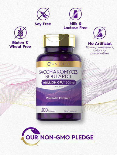Carlyle Saccharomyces Boulardii Probiotics | 10 Billion CFUs 200 Capsules | Value Size | Non-GMO, Gluten Free Supplement