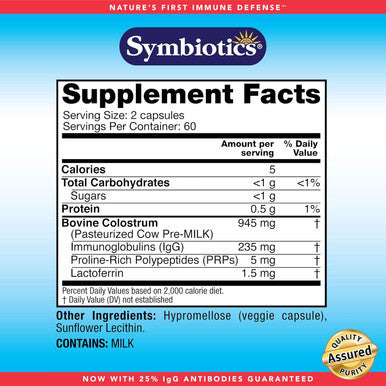 Symbiotics Symbiotics Colostrum 120ct Vegetable Capsules - Immunity Support - Lactoferrin Supplement & Colostrum Protein with Immunoglobulin - 25% lgG Antibodies - Gluten