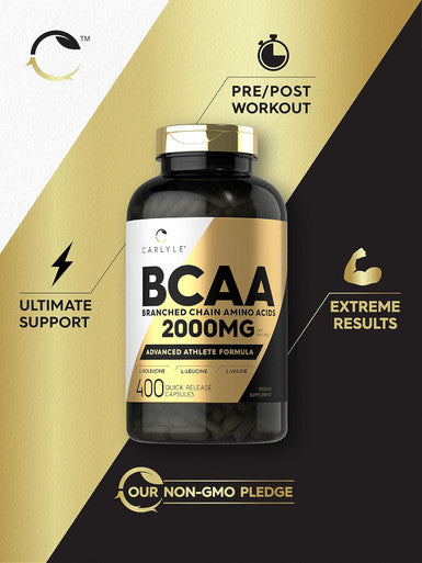 Carlyle BCAA Amino Acids Capsules | 2000mg | 400 BCAA Capsules | Non-GMO Gluten Branch Chain Amino Acids Supplements