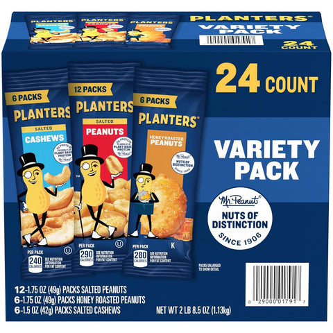 PLANTERS Variety Pack, Salted Cashews, Salted Peanuts & Honey Roasted Peanuts, On-the-Go Nut Snacks, Individually Packed Snacks, Mixed Nuts, Kosher, (36 Count)