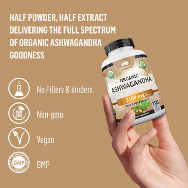 NaturaLife Labs Organic Ashwagandha 2,100 mg 100 Veggie Capsules Pure Organic Ashwagandha Powder and Root Extract Stress Relief Mood Enhancer