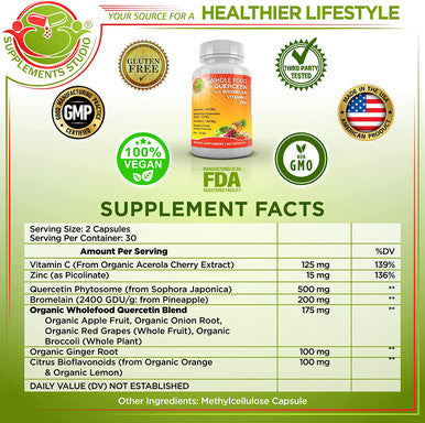 Quercetin 500mg Quercetin with Bromelain Zinc Quercetin and Vitamin C Supplement Organic Wholefoods Blend with Ginger and Flavonoids Immune and Respiratory System Support 1 Month Supply