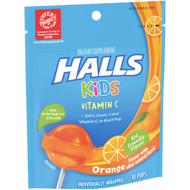 Halls Kids Orange Vitamin C Pops for Children 10 Pops 1 bag of 10 Pops