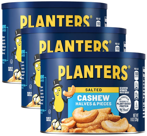 PLANTERS Lightly Salted Cashews, Cashew Halves & Pieces, Plant-Based Protein, 8 Oz Canister, Great Party Snack