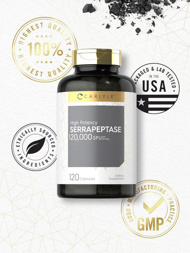 Carlyle Serrapeptase 120000 SPU | 120 Capsules | Supports Sinus Health | Gluten Enzyme Supplement