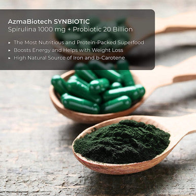 AzmaBiotech Synbiotic | Spirulina 1000 mg + Probiotic 20 Billion | 60 Vegan Capsules
