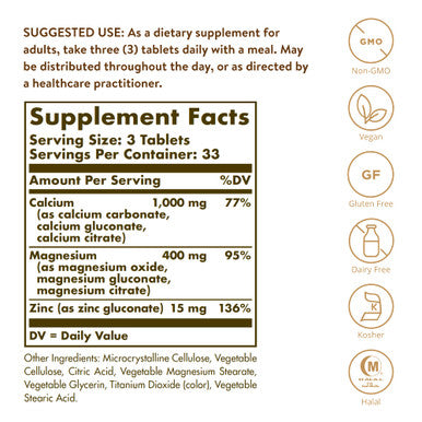 Solgar Calcium Magnesium Plus Zinc 100 Tablets - Promotes Healthy Bones And Teeth - Supports Nerve & Muscle Function - Non Gmo Vegan Gluten Free Dairy Free Kosher Halal - 33 Servings