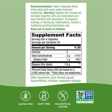 Nature'S Way Slippery Elm Bark, Traditional Support To Soothe Gi Tract*, 100 Vegan Capsules