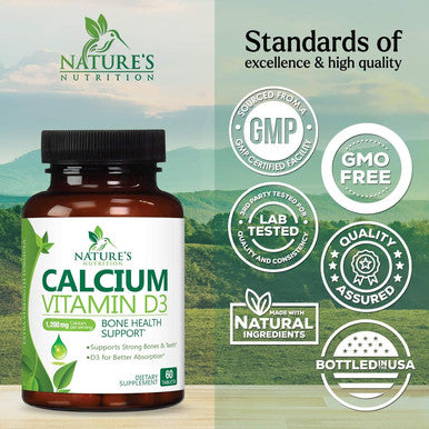 Calcium 1200 Mg With Vitamin D3, Calcium Supplement Vitamins, Supports Bone Strength, Teeth & Immune System, Calcium Supplements For Women & Men, Nature'S Absorbable Calcium Carbonate - 60 Tablets