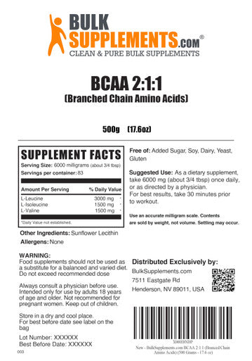 Bulksupplements.Com Bcaa 2:1:1 Powder - Branched Chain Amino Acids. Bcaa Powder, Bcaas Amino Acids Powder - Unflavored & Gluten Free, 6000Mg Per Serving - 83 Servings, 500G (1.1 Lbs)