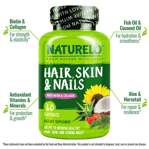 Naturelo Hair Skin And Nails Vitamins - 5000 Mcg Biotin Collagen Natural Vitamin E - Supplement For Healthy Skin Hair Growth For Women And Men 60 Capsules