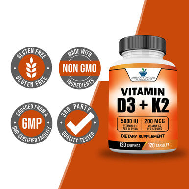 American Standard Supplements Vitamin D3 K2 (MK-7), Vitamin D3 (5000IU) + K2 (MK-7) 200mcg w/ Organic Coconut Oil 120 Veggie Capsules