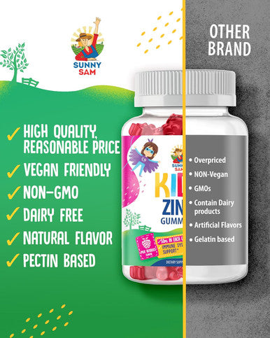 SUNNY SAM Zinc Gummies For Kids - Chewable Zinc Gummy Supplement For Children Immune Support - Low Sugar Natural Antioxidant Non-Gmo Zinc Vitamin Chewables For Toddlers & Teens