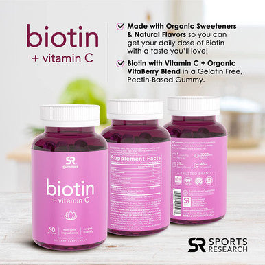 Sports Research Biotin Gummies 5000mcg with Vitamin C Vegan NonGMO Verified 60 Vegan Gummies 2 Month Supply