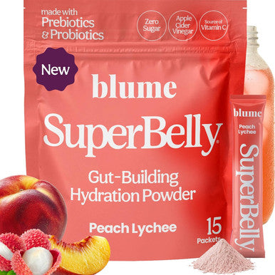 Blume SuperBelly Mango Passion Fruit Gut Health + Hydration 15 Sticks Sugar Free Daily Probiotics Prebiotic Fiber Vit C and Electrolytes Powder Packets
