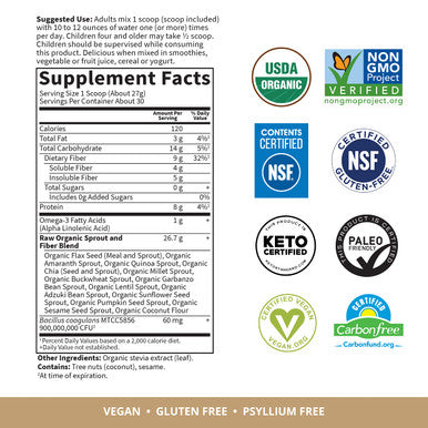 Garden of Life Fiber Supplement Raw Organic Fiber Powder 30 Servings 15 Organic Superfoods Probiotics Omega-3 Ala 4G Soluble Fiber 5G Insoluble Fiber For Regularity Psyllium Husk Free Fiber