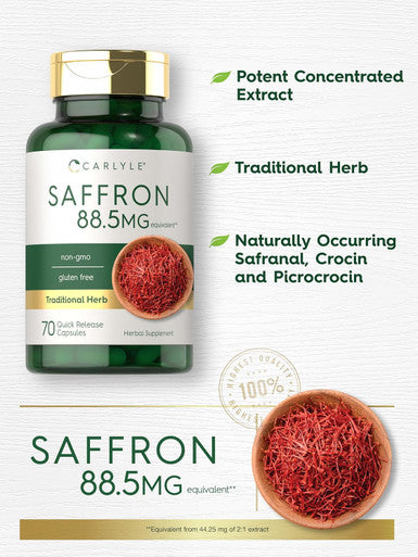 Carlyle Saffron Extract Capsules 88.5mg | 70 Count | Non-GMO & Gluten Supplement