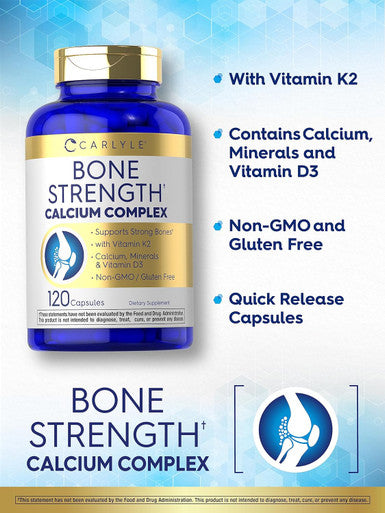Carlyle Bone Strength Calcium Complex Supplement With Vitamin D3, Magnesium, K2, Zinc & Boron 120 Capsules Non-Gmo, Gluten Free