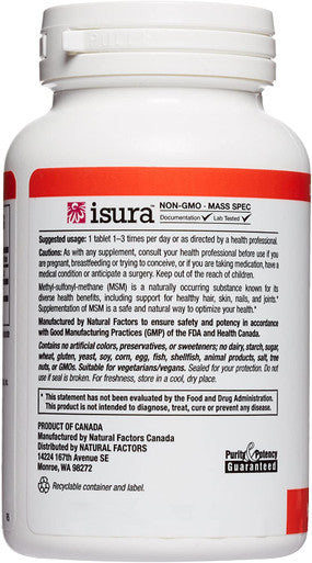 Natural Factors MSM 1000 mg Supports Healthy Joints Hair Skin and Nails 90 capsules 90 servings