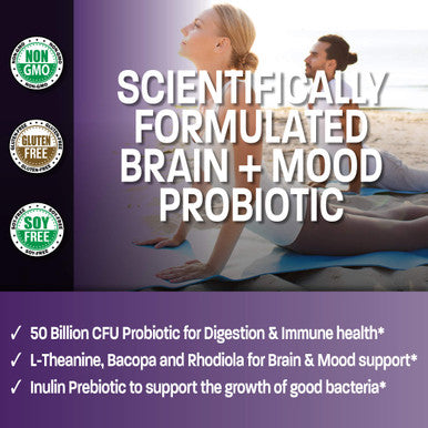 Bronson Brain + Mood Probiotic 50 Billion Cfu Plus Prebiotic With L-Theanine, Bacopa And Rhodiola Non-Gmo, 60 Vegetarian Capsules