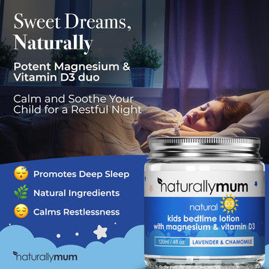 Naturallymum NaturallyMum Kids Magnesium Bedtime Lotion with Vitamin D | Support for Sleep Heart Bone Nerve Gut and Muscle Health | Alternative to Melatonin | Lavender & Chamomile 4.2 fl oz
