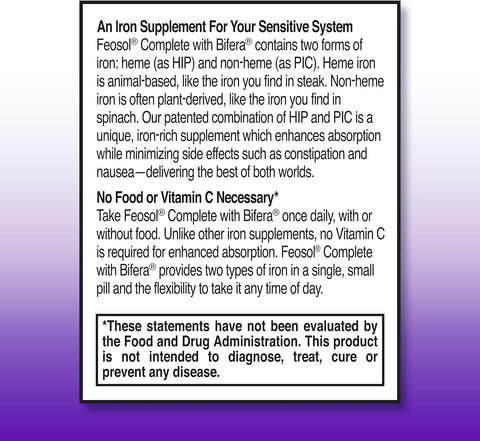 Feosol Complete Iron Supplement Caplets Bifera Iron for High Absorption Heme and NonHeme Dual Action Minimizes 1 Per Day for Energy and Immune System Support Made in USA 30 Count
