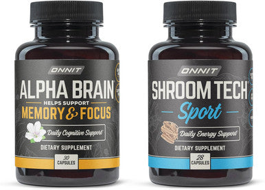 Onnit Premium Alpha Brain Bundle - Nootropic Brain Supplement (30 Count) for Focus Concentration & Memory + Shroom Tech Sport for Exercise Energy & Cardiovascular Performance (28 Count)