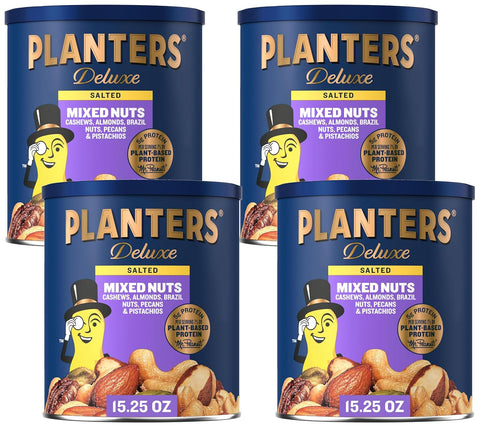 PLANTERS Deluxe Unsalted Mixed Nuts, Plant Based Protein, 15.25 Oz (1 Ct) | Mixed Nuts: Cashews, Almonds, Brazil Nuts, Pistachios, Pecans. Snacks for Adults. Resealable Canister. Party Snack