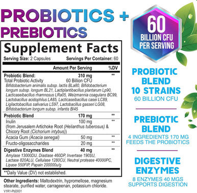 Nature'S Nutrition Daily Probiotics and Acidophilus Prebiotics Supplement 60 Billion CFU Capsule for Women & Men - 10 Diverse Strains - For Bloating Gas & Digestive Gut & Immune Health Support - Vegan - 120 Capsules