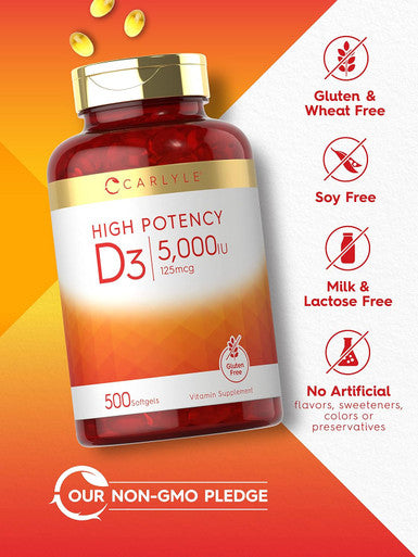 Carlyle Vitamin D3 5000 IU Softgels | 500 Count | Value Size | Non-GMO and Gluten Supplement | High Potency Formula | 125mcg