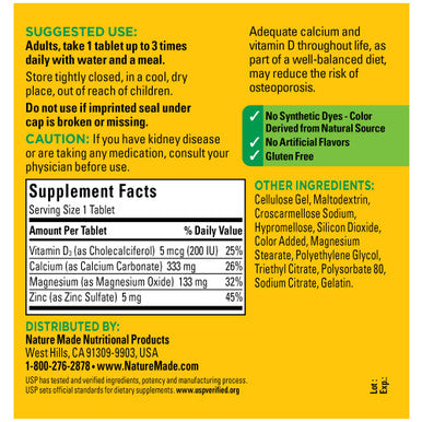 Nature Made Calcium Magnesium Zinc With Vitamin D3 Dietary Supplement For Bone Support 300 Tablets