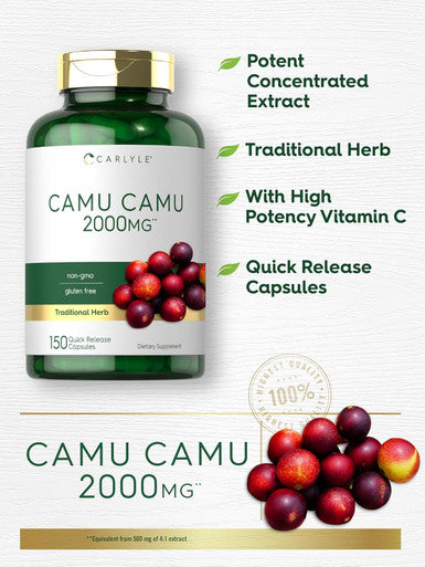 Carlyle Camu Camu Capsules 2000mg | 150 Count | with Vitamin C | Non-GMO Gluten