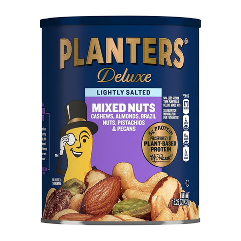 PLANTERS Deluxe Unsalted Mixed Nuts, Plant Based Protein, 15.25 Oz (1 Ct) | Mixed Nuts: Cashews, Almonds, Brazil Nuts, Pistachios, Pecans. Snacks for Adults. Resealable Canister. Party Snack