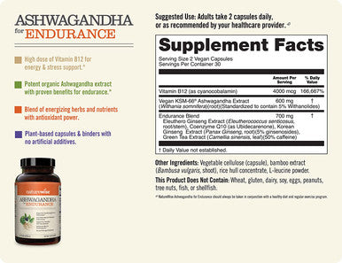 NatureWise Ashwagandha for Endurance Adaptogen Adrenal Support Supplement with KSM66 Vitamins Ginseng Green Tea Extract Packaging May Vary Light Brown 60 Count