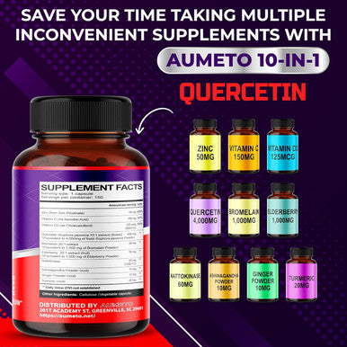 Aumeto Zinc Quercetin 10:1 Immune Support with VIT C VIT D3 Bromelain Elderberry Turmeric Echinacea Ashwagandha Ginger 150 Days Supply (150 Count (Pack of 1))