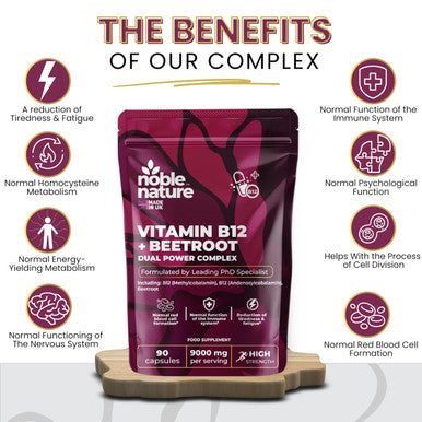 NobleNature Beetroot & Vitamin B12 Complex ÃƒÂ¢Ã¢â€šÂ¬Ã¢â‚¬Å“ 9000mg Beetroot + 1000mcg Dual B12 (Methylcobalamin & Adenosylcobalamin) ÃƒÂ¢Ã¢â€šÂ¬Ã¢â‚¬Å“ Energy & Immune Support ÃƒÂ¢Ã¢â€šÂ¬Ã¢â‚¬Å“ 90 Capsules ÃƒÂ¢Ã¢â€šÂ¬Ã¢â‚¬Å“ UK Made (90)