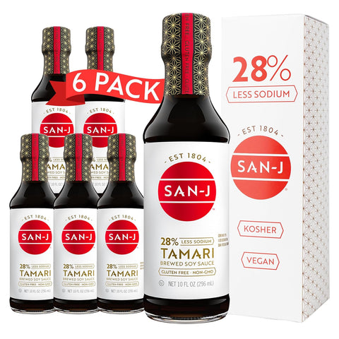 San-J - Gluten Free Tamari Soy Sauce with 28% Less Sodium - Specially Brewed - Made with 100% Soy - 20 oz. Bottle