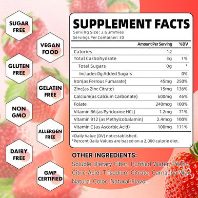 Iron Gummies For Women, Men & Kids, Sugar Iron Supplement With Calcium, Zinc, Folate & Vitamin B12, C, B6 - For Blood Building & Energy Support, Anemia, Strawberry, 60 Count