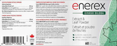 ENEREX Ginkgo Biloba - Extract & Leaf Powder, 60 Veg Capsules