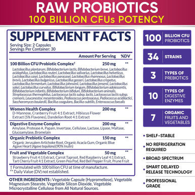 Dr. Formulated Raw Probiotics for Women 100 Billion CFUs with Prebiotics, Digestive Enzymes, Approved Women's Probiotic for Adults Shelf Stable Probiotic Supplement Capsules
