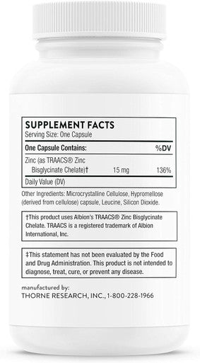 Thorne Zinc Bisglycinate 15Mg - Daily Support For Skin, Eye & Immune System Health With Zinc Supplement Capsules - 60 Capsules
