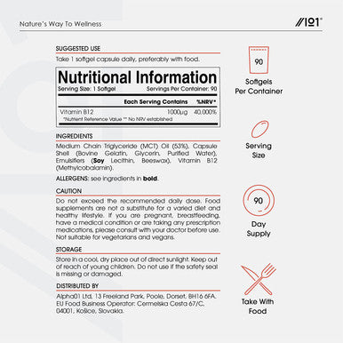 Vitamin B12 1000IU Methylcobalamin Softgels - Made with Cold-Pressed MCT Oil for Advanced Absorption - No Additives - Non-GMO, Gluten . 90 Softgels