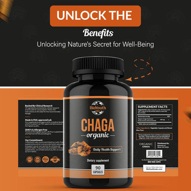 Bioyouth Chaga Capsules Organic Supplement | Supports Immune Health & Vitality | Daily Immune Support | Organic Chaga Mushroom Extract | 90 Capsules (1 Month Supply)