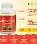Purely Holistic Vitamin B2 Riboflavin 400Mg - 240 Vegan Capsules, 8 Month Supply - High Strength B2 Vitamins - Non Gmo & Gluten Free - Supports Energy Production & Cellular Health