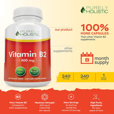 Purely Holistic Vitamin B2 Riboflavin 400Mg - 240 Vegan Capsules, 8 Month Supply - High Strength B2 Vitamins - Non Gmo & Gluten Free - Supports Energy Production & Cellular Health