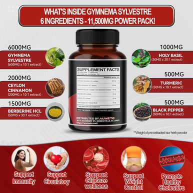 Aumeto Ultra Gymnema Sylvestre Supplements - Enhanced with Berberine Ceylon Cinnamon Holy Basil for Optimal Immunity Pancreatic & Circulatory Function