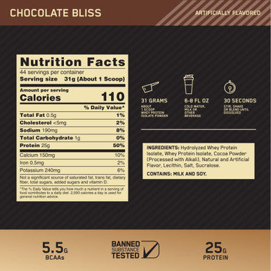 Optimum Nutrition Gold Standard 100% Isolate Chocolate Bliss 3 Pounds 44 Servings (Packaging May Vary)