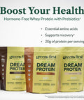 Greens First Dream Protein Powder Whey 20g Protein Per Serving Hormone Free with Prebiotics NonGMO No Artificial Sweeteners MSG Aspartame (Rich Dutch Chocolate 28.04 oz)